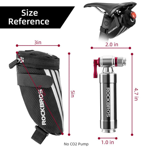 Size reference for Under Seat Bike Saddle Bag Ultralight Storage Pouch For Road Mountain Folding Bikes Easy Install Stays Put Under The Seat No Flap Compact Wedge Pack Ideal For Cyclists On Commutes And Weekend Rides, shown with dimensions and CO2 pump.