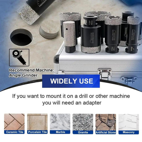 Pro Grade Diamond Core Drill Bits Set for Porcelain Tile Ceramic Marble Brick Hole Saw Kit 7 Piece displayed on a case