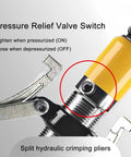 Close-up of pressure relief valve switch on Split hydraulic crimping pliers, showing the pressurized ON and OFF settings.