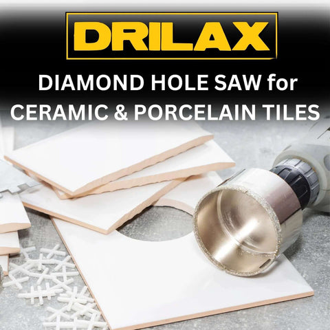 Drilax diamond hole saw, 2-3/4-inch diameter with diamond edge, mounted on a drill beside ceramic tiles