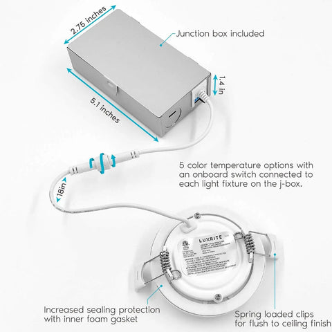 Ultra Thin 3 Inch LED Recessed Light Kit With Junction Box 8W Dimmable Wafer Downlight 5 Color Temps 2700K 3000K 3500K 4000K 5000K 540 Lumens ETL Listed Energy Star IC Rated 4 Pack