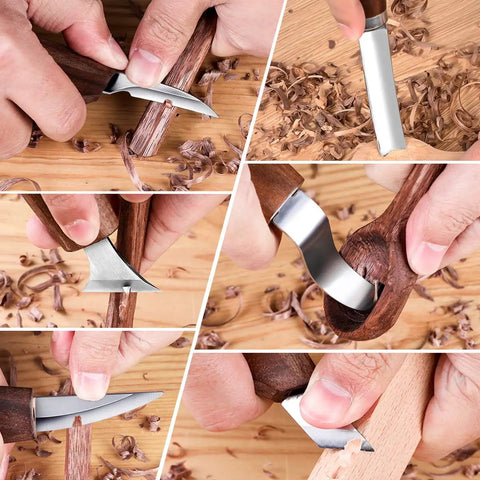 Wood Carving Kit With 6 Whittling Knives For Woodwork And Chip Carving, showcasing ergonomic oak handle knives in use on wood.