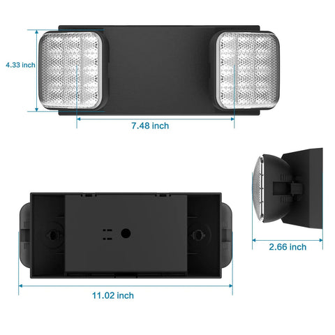 4 Pack Black LED Exit Signs With Battery Backup And Emergency Lights, Adjustable 2 LED Heads, Size Dimensions Shown