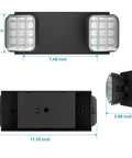 Black LED Exit Sign with Emergency Lights, dimensions labeled, front and side views, 6 Pack Adjustable Two LED Heads, UL Certified
