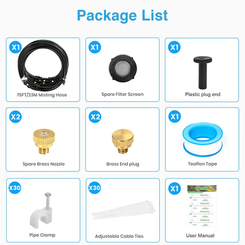 Outdoor Patio Misting System Kit For Cooling, 75 Feet With 28 Brass Nozzles And Three Quarter Inch Adapter, package contents overview