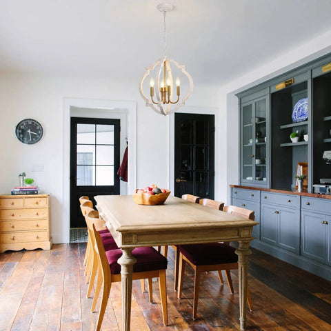 Modern Farmhouse 4 Light Wood Chandelier In Distressed White And Gold With Orb Globe Cage Pendant Lighting For Dining Room