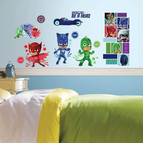 PJ Masks Peel and Stick Wall Decals Set for Kids Rooms, 13 Repositionable Removable Wall Stickers, characters on bedroom wall