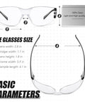 Diagram of 100 Pairs Clear Safety Glasses Bulk For Group Use In Lab And Workshop, size and dimensions labeled in inches.