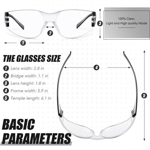 Diagram of 100 Pairs Clear Safety Glasses Bulk For Group Use In Lab And Workshop, size and dimensions labeled in inches.