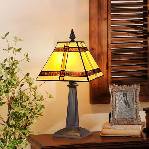 Tiffany Style Cream Stained Glass Mini Table Lamp 8x8x16 Inch, Mission Desk Reading Light with handcrafted glass shade on table.