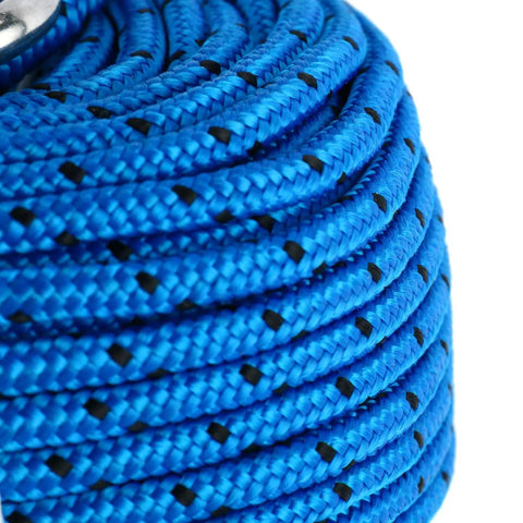 Amarine Made 3/16 Inch By 100 Ft Premium Braided Polypropylene Boat Anchor Rope in blue detail with stainless steel thimble.
