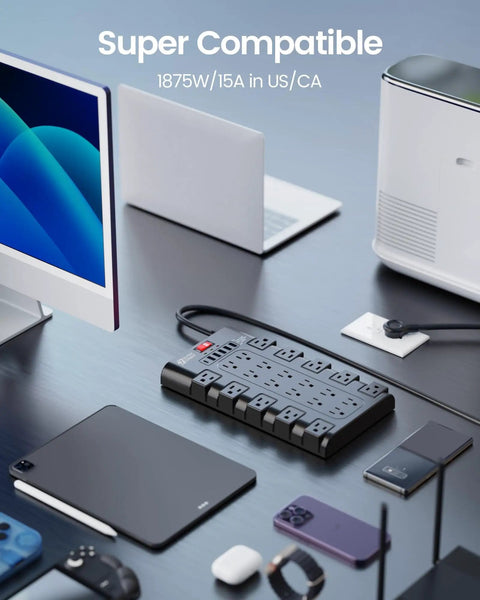 Beefed-Up 28-In-One Power Strip With 22 Outlets And 6 USB Ports, 1875W Surge Protector on desk with electronics
