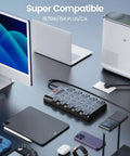 Eight Foot Power Strip Do It All Surge Protector With Twenty Two Outlets And Six USB Ports For All Your Gear, black on desk