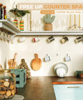 Kitchen wall shelf with various mugs hanging on Heavy Duty Black Screw In Cup Hooks One And One Quarter Inch Metal 50 Pack.