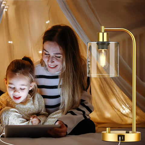 Gold Industrial Table Lamp Set With USB Port, Dope Stepless Dimmable Bedside Lamps next to family in cozy setting, clear glass shade