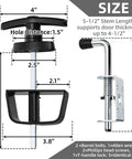 All In One Shed Door Latch Kit With T Handle Lock And Five Keys, Two Spring Loaded Latches, dimensions and components displayed.