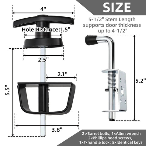 All In One Shed Door Latch Kit With T Handle Lock And Five Keys, Two Spring Loaded Latches, dimensions and components displayed.