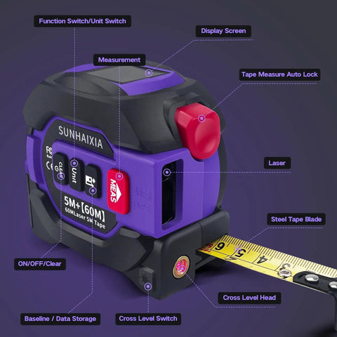 3 In 1 Laser Tape Measure With 197ft Long Range Laser, 16ft Manual Tape, AutoLock, Cross Line Laser Guidance, Unit Switch Ft In M, Measures Area Volume And Pythagorean Purple Finish, close-up