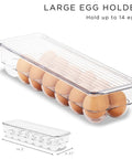 Ultimate Six Piece Fridge Organizer And Pantry Storage Bin Set Featuring Wide Narrow Containers Clear Can Caddy For Twelve Drinks Plus Egg Holder To Straight Up Declutter Your Space - Large clear egg holder for 14 eggs.