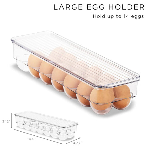 Ultimate Six Piece Fridge Organizer And Pantry Storage Bin Set Featuring Wide Narrow Containers Clear Can Caddy For Twelve Drinks Plus Egg Holder To Straight Up Declutter Your Space - Large clear egg holder for 14 eggs.