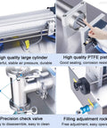 Built Strong Single Head Pneumatic Bottle Filling Machine Runs Smooth With Zero Drip Stainless Nozzles And Simple Auto Manual Foot Switch Operation, showcasing large cylinder and PTFE piston.