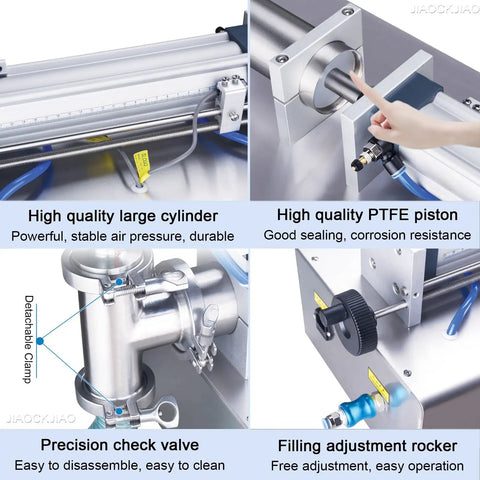 Built Strong Single Head Pneumatic Bottle Filling Machine Runs Smooth With Zero Drip Stainless Nozzles And Simple Auto Manual Foot Switch Operation, showcasing large cylinder and PTFE piston.