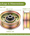 Front and side views of replacement flat idler pulley with 3/8 in bore and 3-1/4 in OD; gold finish, 1-pack.