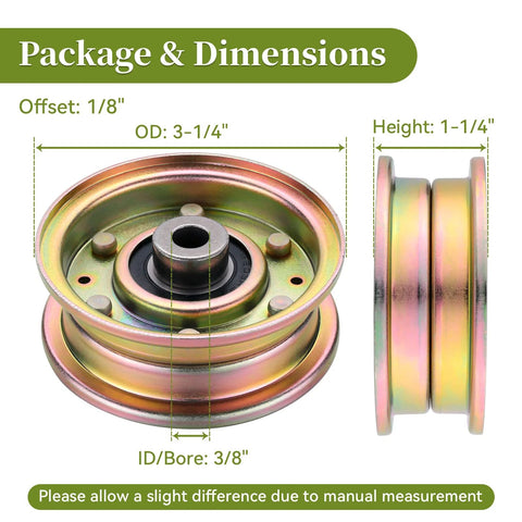 Front and side views of replacement flat idler pulley with 3/8 in bore and 3-1/4 in OD; gold finish, 1-pack.