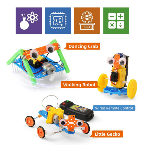 Five Robot STEM Kit For Kids Ages Seven and Up with Walking Robot, Dancing Crab, and Little Gecko child-friendly robots.