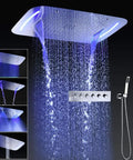 Zero Fuss Ceiling Mount Shower Panel 17 By 28 Inch With Thermostatic Valve And Rain Curtain Spray with LED glow and handheld wand.