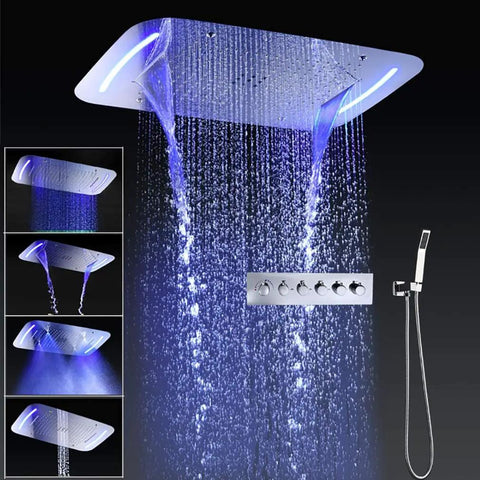 Zero Fuss Ceiling Mount Shower Panel 17 By 28 Inch With Thermostatic Valve And Rain Curtain Spray with LED glow and handheld wand.