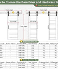 Diagram showing how to choose the barn door and hardware size, with measurements and size chart for single and double doors.