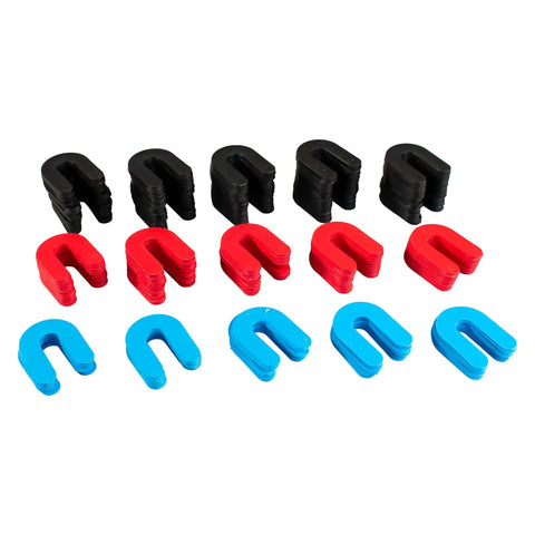 Heavy Duty Shim Set For Two Post And Four Post Lifts With Blue One Sixteenth Inch Shims Red One Eighth Inch Shims And Black One Quarter Inch Shims Fifty Pieces Each 150 Total displayed on white background