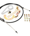 Adjustable Shifter Linkage Kit For GM Transmissions Bolts To Aftermarket Steering Columns With Slick Six Foot Stainless Cable And Tough Aluminum Mount Perfect For Thm350 Thm400 And 4L60E Gearboxes Straight Out The Gate parts including stainless cable, aluminum mount, and hardware.