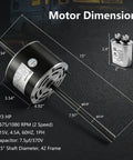 RV Air Conditioner Fan Motor Replacement With Capacitor One Third Horsepower 115V Dual Speed 1675 And 1080 RPM dimensions