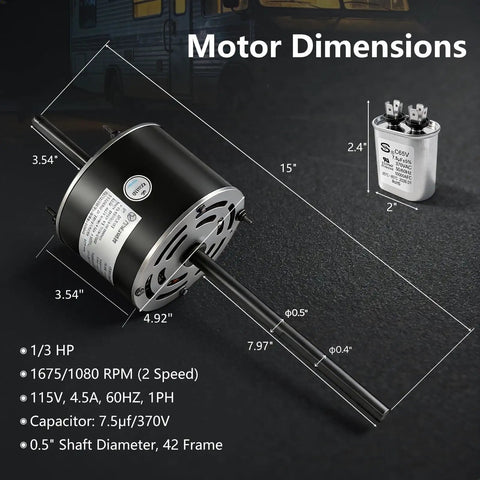 RV Air Conditioner Fan Motor Replacement With Capacitor One Third Horsepower 115V Dual Speed 1675 And 1080 RPM dimensions
