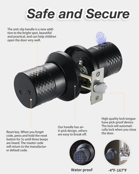3 In 1 Smart Door Knob With Big Fingerprint Sensor And Keypad, No App Needed For Keyless Entry Door Lock With Handle, Easy Installation