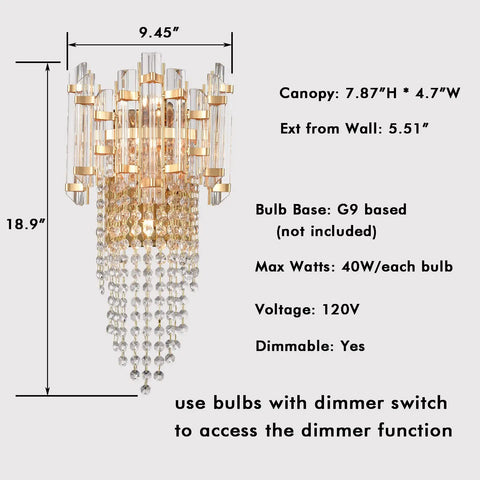 Brass Wall Sconce With Crystal Strings And Glass Bars Dimmable Two Layer Light Head Adjustable Beam Lit Glam Lighting For Bedroom