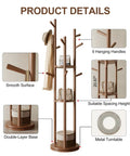 Solid Wood Rotary Coat Rack With 3 Shelves And 9 Hooks Freestanding Coat Tree For Bedroom Entryway And Living Room Space Saving Rotating Stand For Coats Scarves And Handbags Walnut Finish showing product dimensions and features including structure and material details.