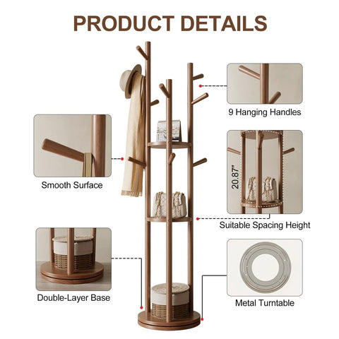 Solid Wood Rotary Coat Rack With 3 Shelves And 9 Hooks Freestanding Coat Tree For Bedroom Entryway And Living Room Space Saving Rotating Stand For Coats Scarves And Handbags Walnut Finish showing product dimensions and features including structure and material details.