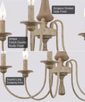 Close-up of 24-Inch Five-Light French Country Chandelier With Adjustable Height in Smoked Birch and Black Finish detailing arms.