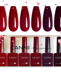 Six Colors 9 Ml Hema Free Deep Cherry Red Burgundy Gel Nail Polish Set showing bottle design and color swatches
