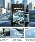Windshield Repair Kit for Chips and Cracks, 2026 Upgrade Glass Sealant box and liquid tool on car hood with steps illustration