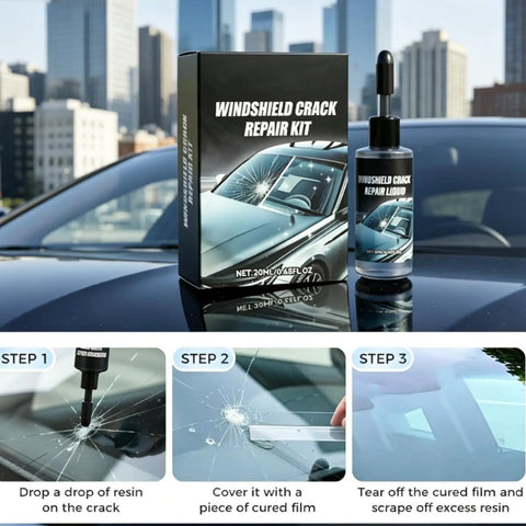 Windshield Repair Kit for Chips and Cracks, 2026 Upgrade Glass Sealant box and liquid tool on car hood with steps illustration