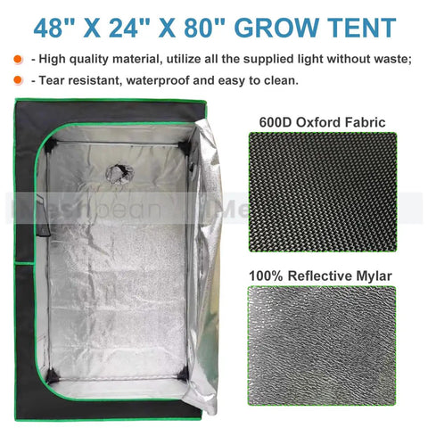 All-In-One 4x2 Ft Grow Tent System With High Reflective Mylar Interior showing 48x24x80 tent with interior reflectivity and fabric details