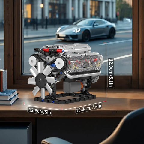 Dope V8 Engine Building Blocks Set With Battery Box And Motor, realistic model on a desk by a window, 535 pieces