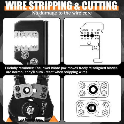 Heavy Duty Wire Stripper And Cutter For Electricians, Self-Adjusting, showing adjustable jaw and measurement guide.