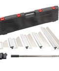 Pro Grade Drywall Skimming Blade Set With Extension Handles for Quick Finishes includes blades, rod, end caps, red outer box.