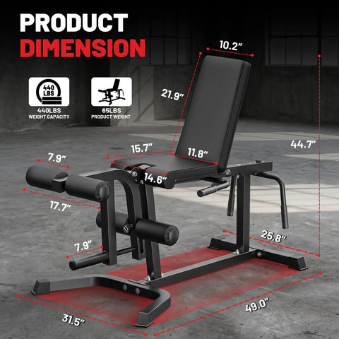 2 In 1 Leg Extension And Curl Machine For Home Gym dimensions with 440 lbs capacity and 65 lbs weight bench shown in detail.