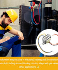Technician inspecting HVAC system with 24V AC Transformer For HVAC Systems, Primary 120 208 240V To 24V Secondary image inset.